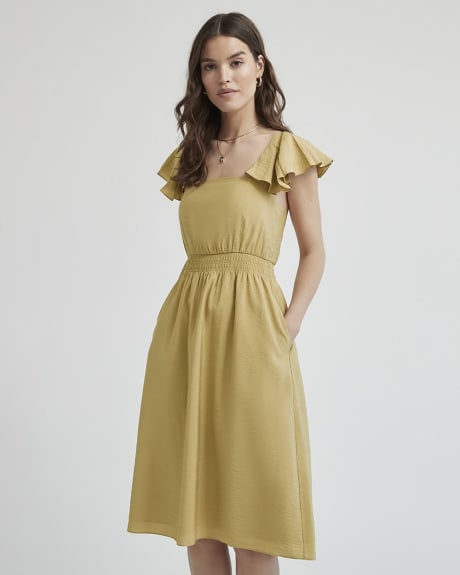 Fit and Flare Square-Neck Dress with Short Ruffled Sleeves