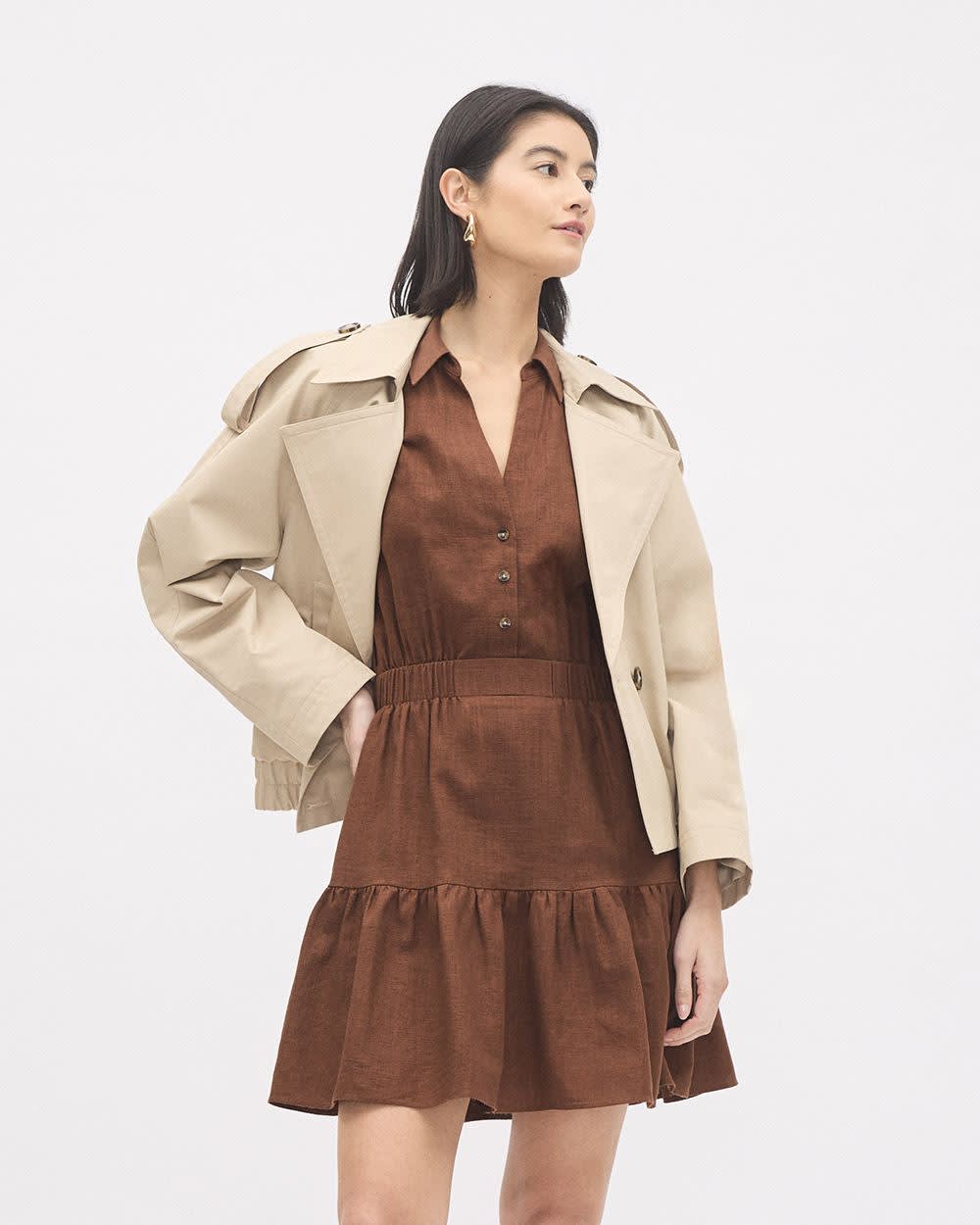 Short-Sleeve Linen Dress with Shirt Collar