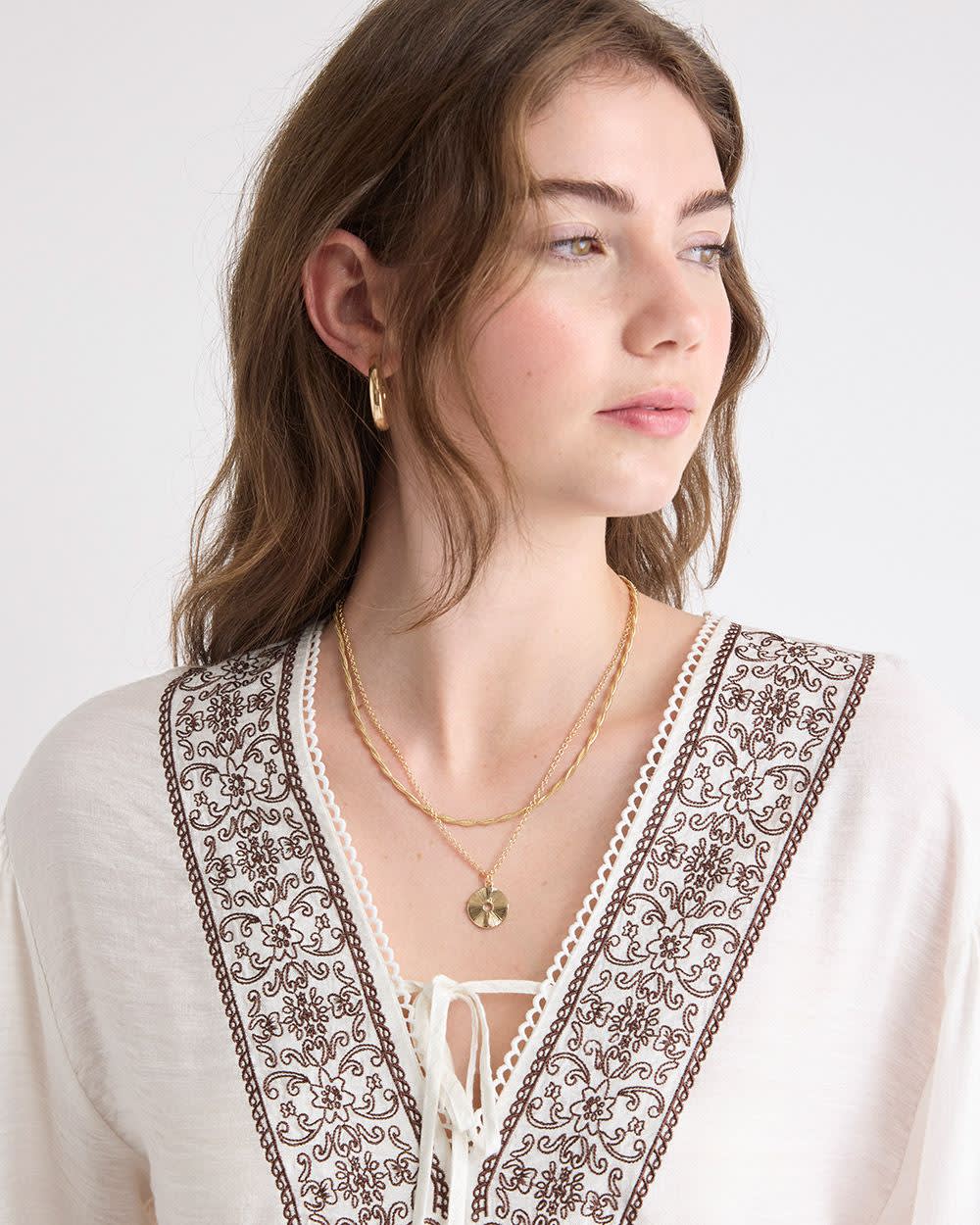 Double-Chain Necklace with Round Metal Pendant