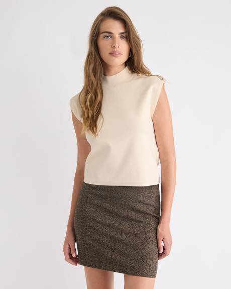 Sleeveless Mock-Neck Sweater with Buttons on Shoulder