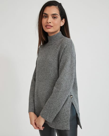 Spongy Mock Neck Tunic Sweater with Side Buttons