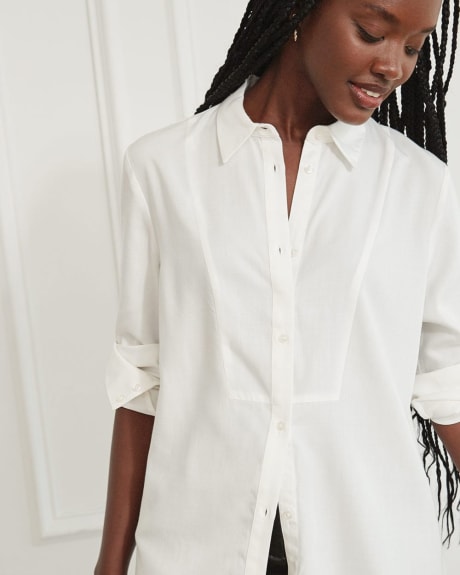 Twill Button-Down Long Sleeve Blouse with Front Detail