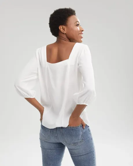 3/4 Puffy Sleeve Square-Neck Button Down Blouse