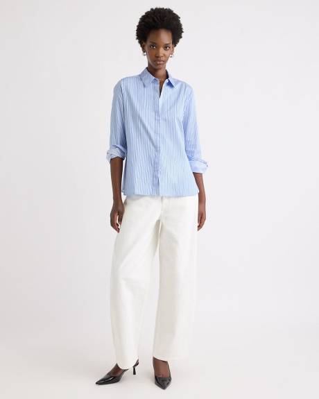 Blouse Ajust&eacute;e en Popeline Ray&eacute;e &agrave; Manches Longues