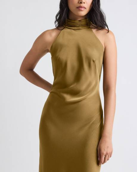 Robe Cocktail Midi en Satin Sans Manches &agrave; Encolure Licou