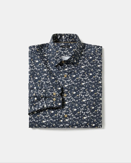 Navy Tailored-Fit Dress Shirt with Floral Pattern