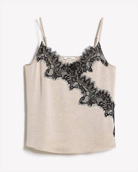 Blouse Sans Manches à Col V en Satin avec Garniture en Dentelle