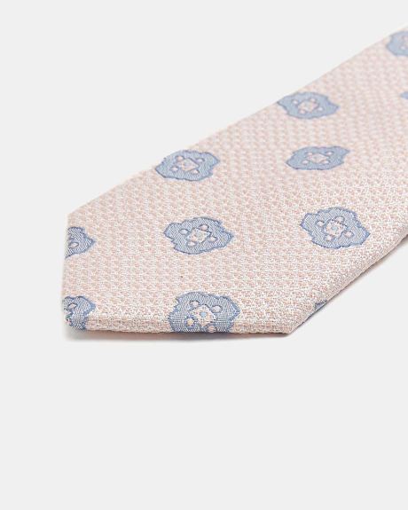 Cravate Étroite Rose à Motif Géométrique Bleu en Soie