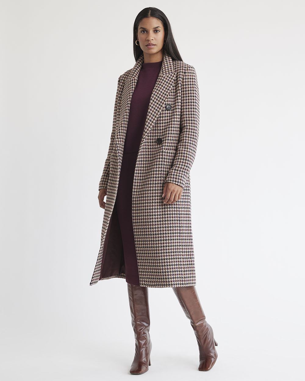 Houndstooth Long Double-Breasted Wool Coat | RW&CO.