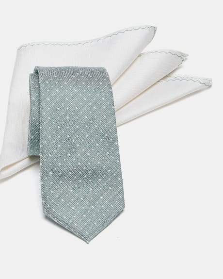 Regular Textured Green Tie with White Handkerchief - Gift Set