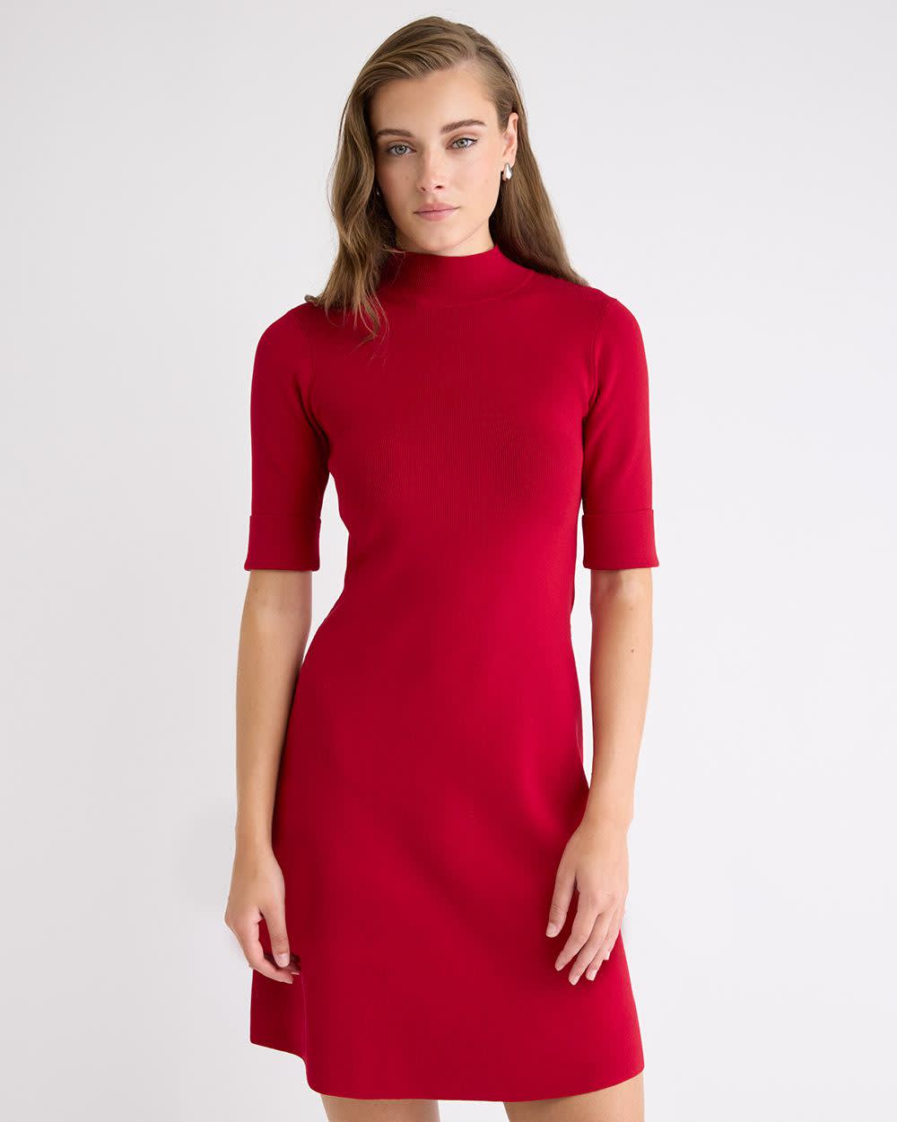 Elbow-Sleeve Mock-Neck Mini Sweater Dress