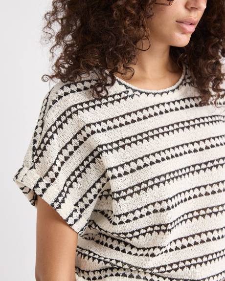 Haut Décontracté Rayé à Manches Très Courtes et Col Rond