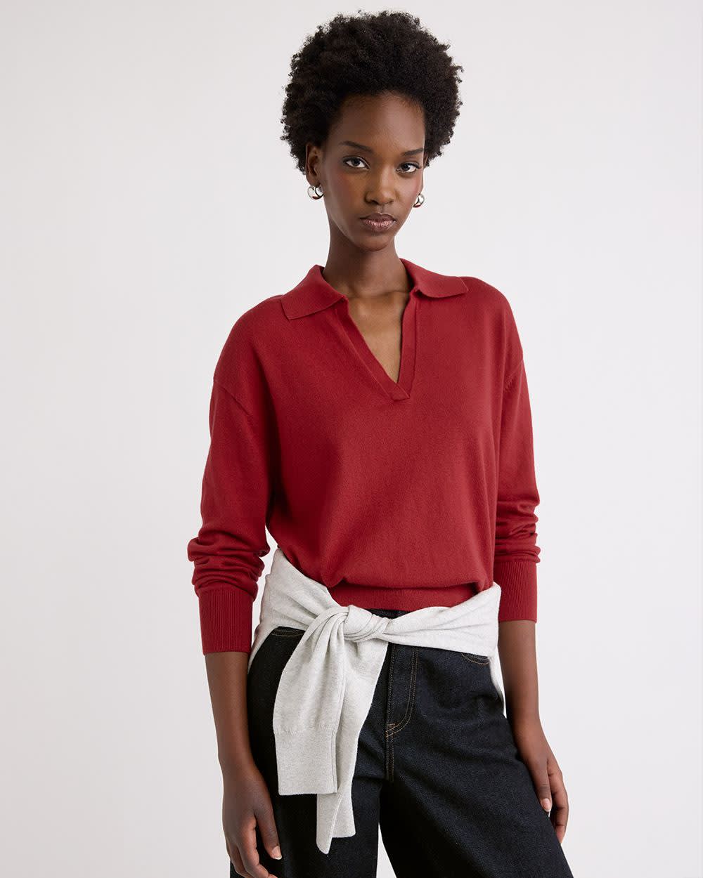 Wool-Blend Long-Sleeve Polo Sweater