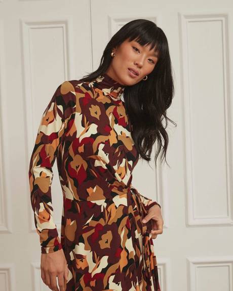 Fine Jersey Fit and Flare High-Neck Long Sleeve Dress