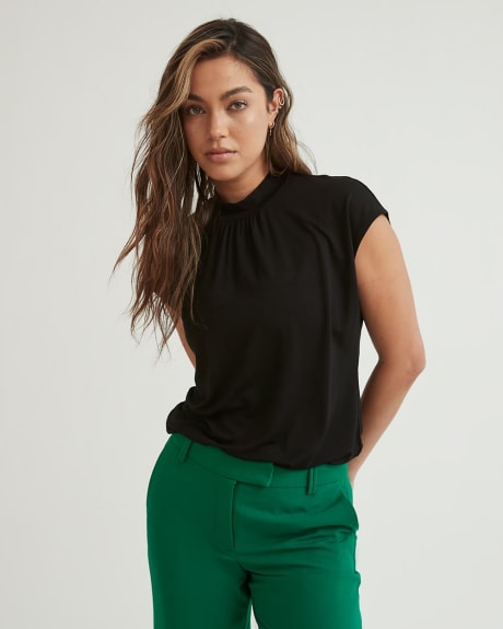 Extended Shoulder Shirred Mock-Neck T-Shirt with Cutout at Back