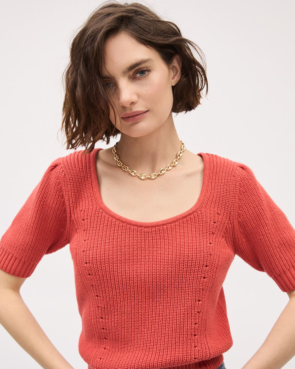 Elbow-Sleeve Square-Neck Cropped Textured Top