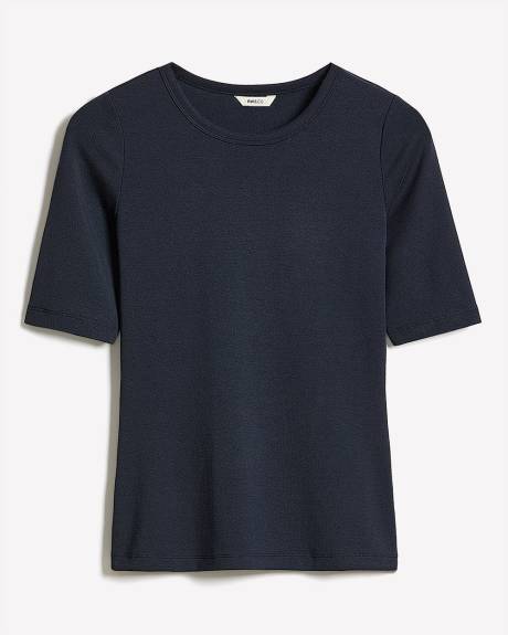 T-Shirt Ajusté à Manches aux Coudes et Col Rond