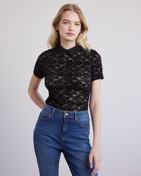 Short-Sleeve Lace Blouse with Shirt Collar