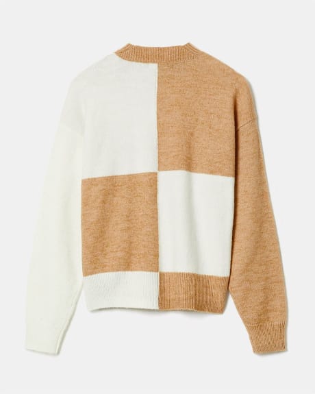 Spongy Graphic Square Pattern Crew-Neck Pullover Sweater