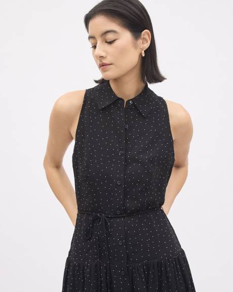 Sleeveless Buttoned-Down Chiffon Dress with Shirt Collar