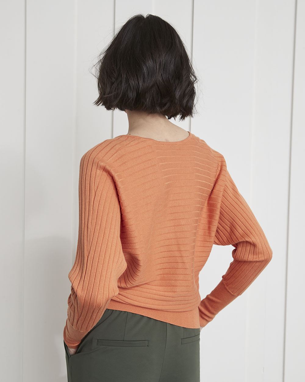 Horizontal Ribbed Dolman Sleeve V-Neck Pullover Sweater