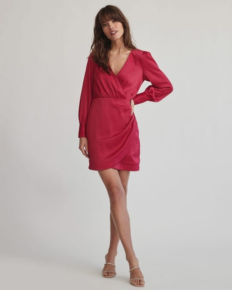 Satin Wrap V-Neck Fit and Flare Cocktail Dress