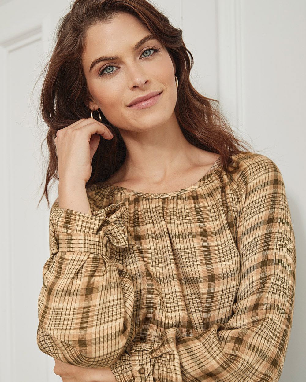 Round-Neck Popover Blouse with Shirred Cuffs