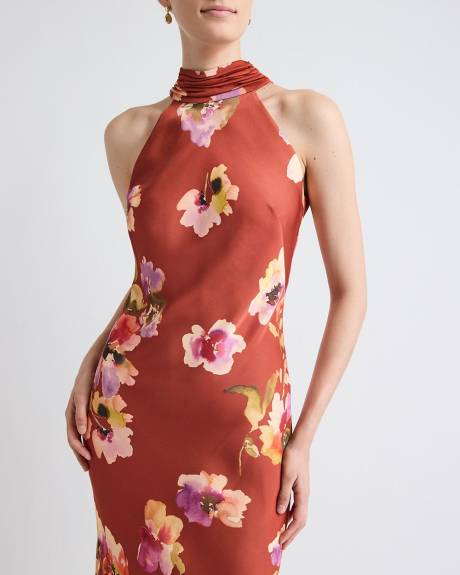 Robe Cocktail Midi en Satin Sans Manches &agrave; Encolure Licou