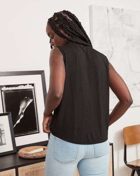 Black Sleeveless Crew-Neck Tee with Shirred Shoulders