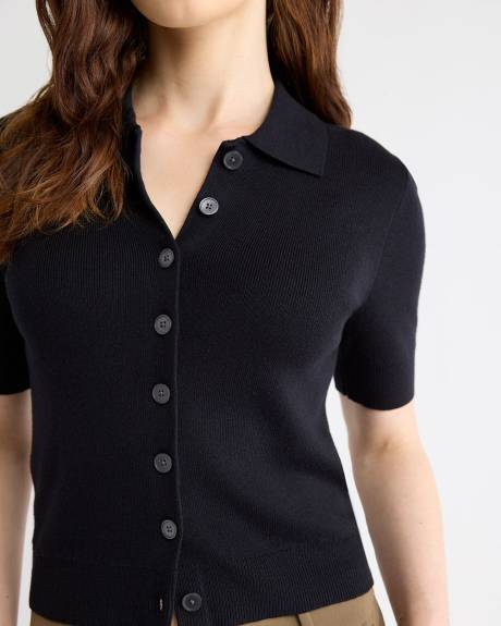 Short Elbow-Sleeve Cardigan with Shirt Collar