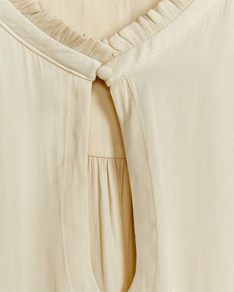 Matte Satin Ruffled Short Sleeve Blouse with Pleated Mock-Neck