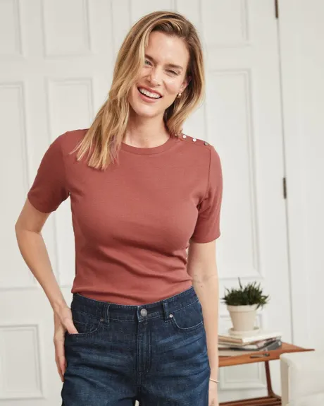 Fitted Ribbed T-Shirt with Buttons on Shoulder