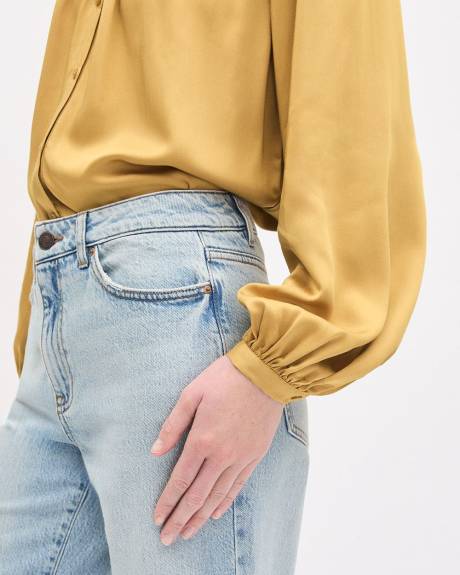 Long-Puffy-Sleeve Buttoned-Down Blouse with Eyelet Pattern