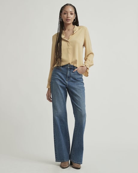 Twist Twill Long Sleeve Mock-Neck Buttoned Blouse with Pleated Cuffs