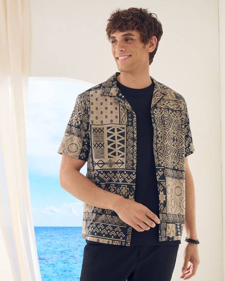 Regular-Fit Short-Sleeve Cotton Shirt with Camp Collar