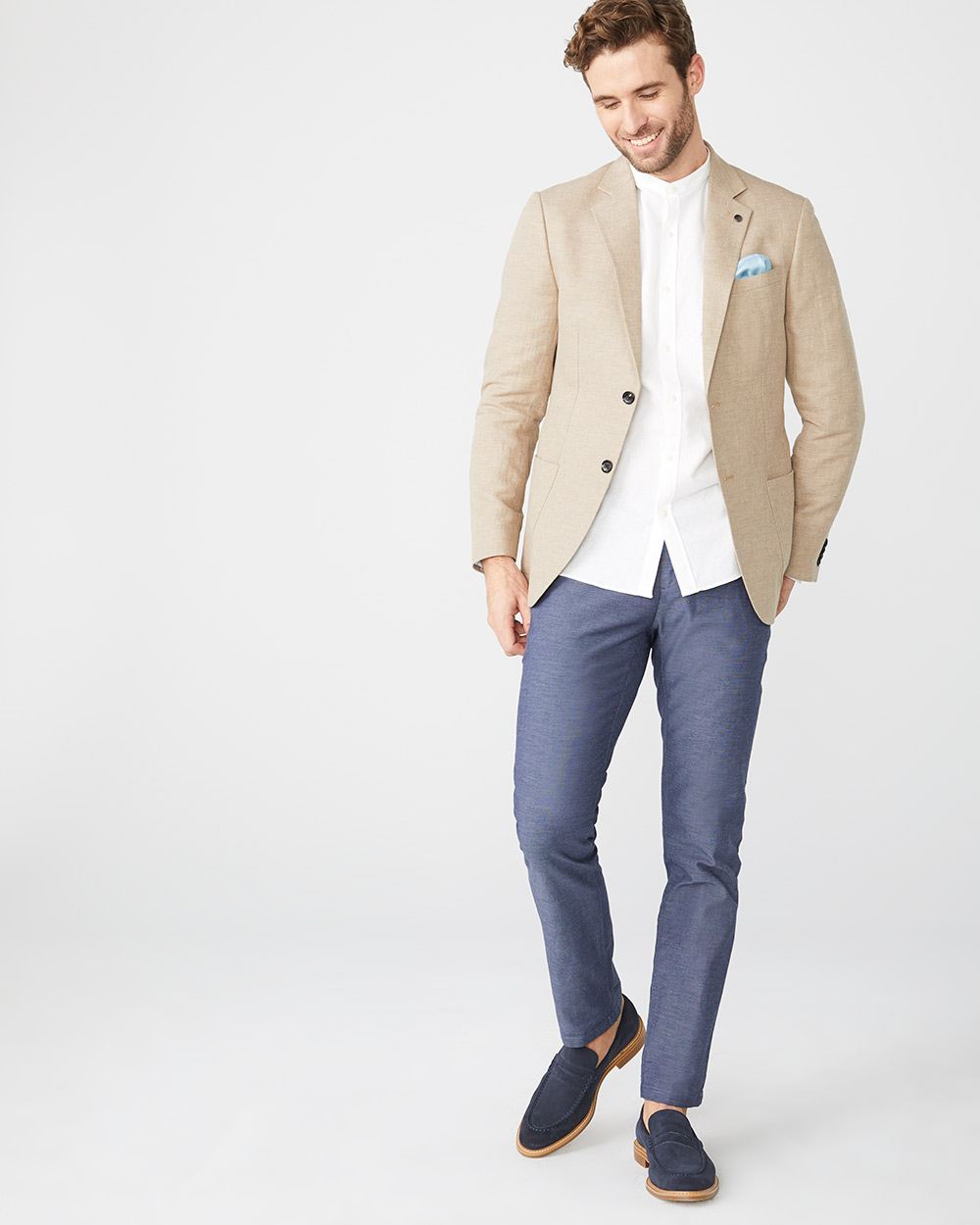 Tailored Fit white linen-blend Shirt with Mandarin collar | RW&CO.