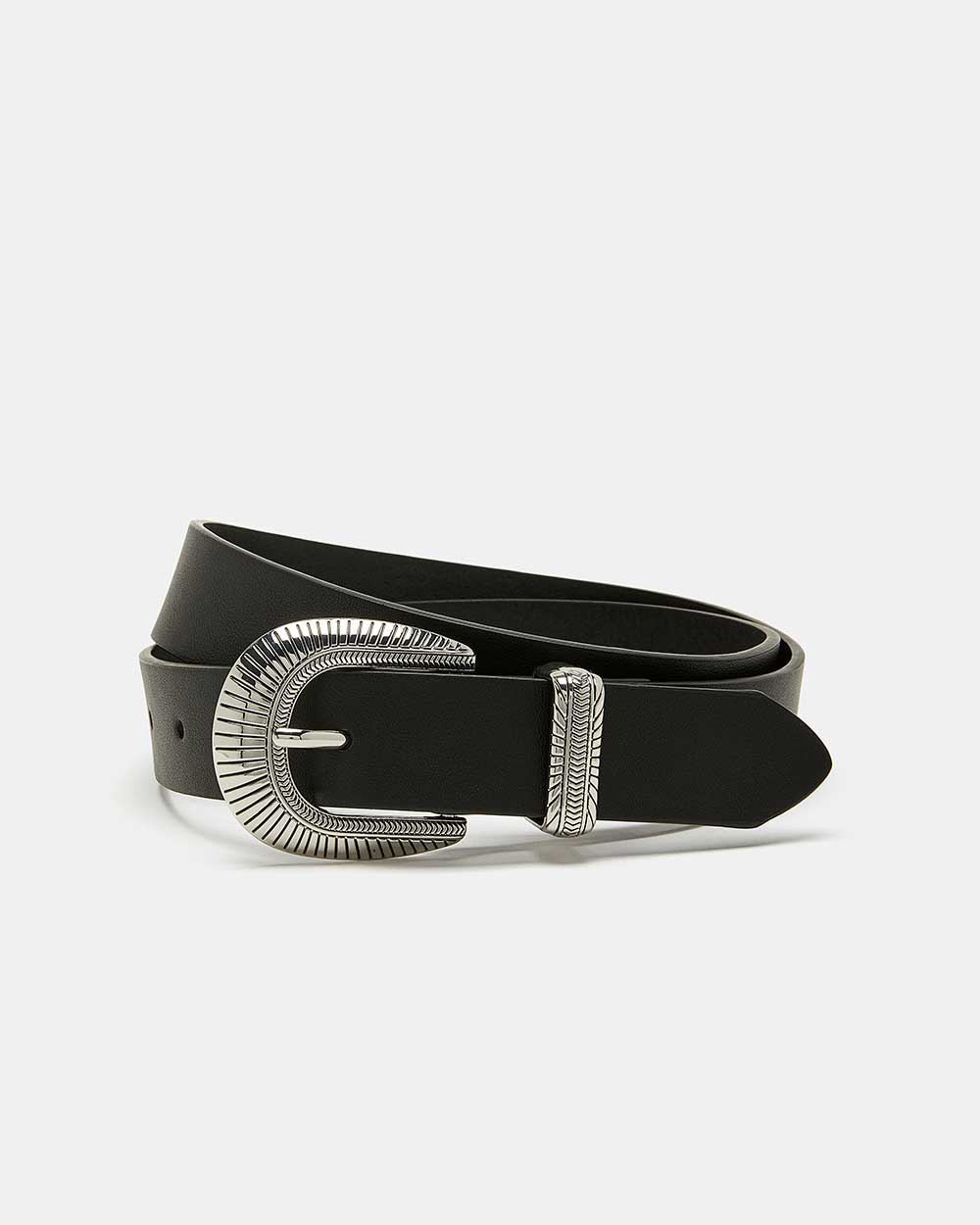 Black Faux Leather Belt with Textured Buckle