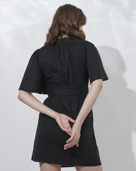 Short-Sleeve Wrap-Neck Linen Dress