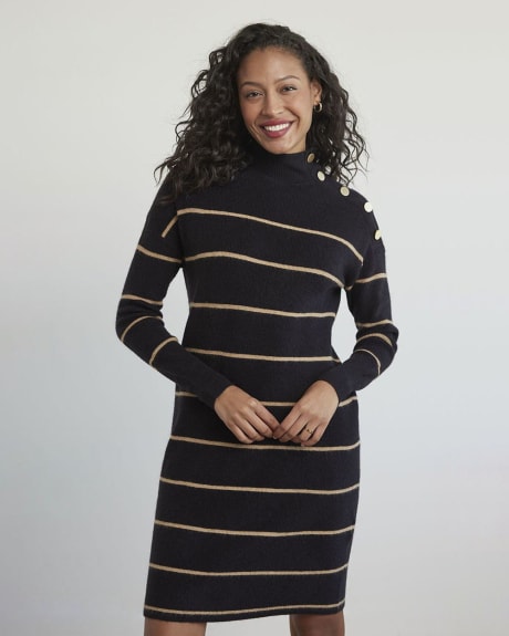 Long-Sleeve Mock-Neck Straight Dress with Buttons at Shoulder