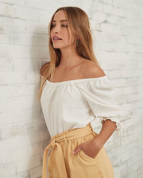 Puffy Linen Blend Popover Blouse with Tie at Sleeve