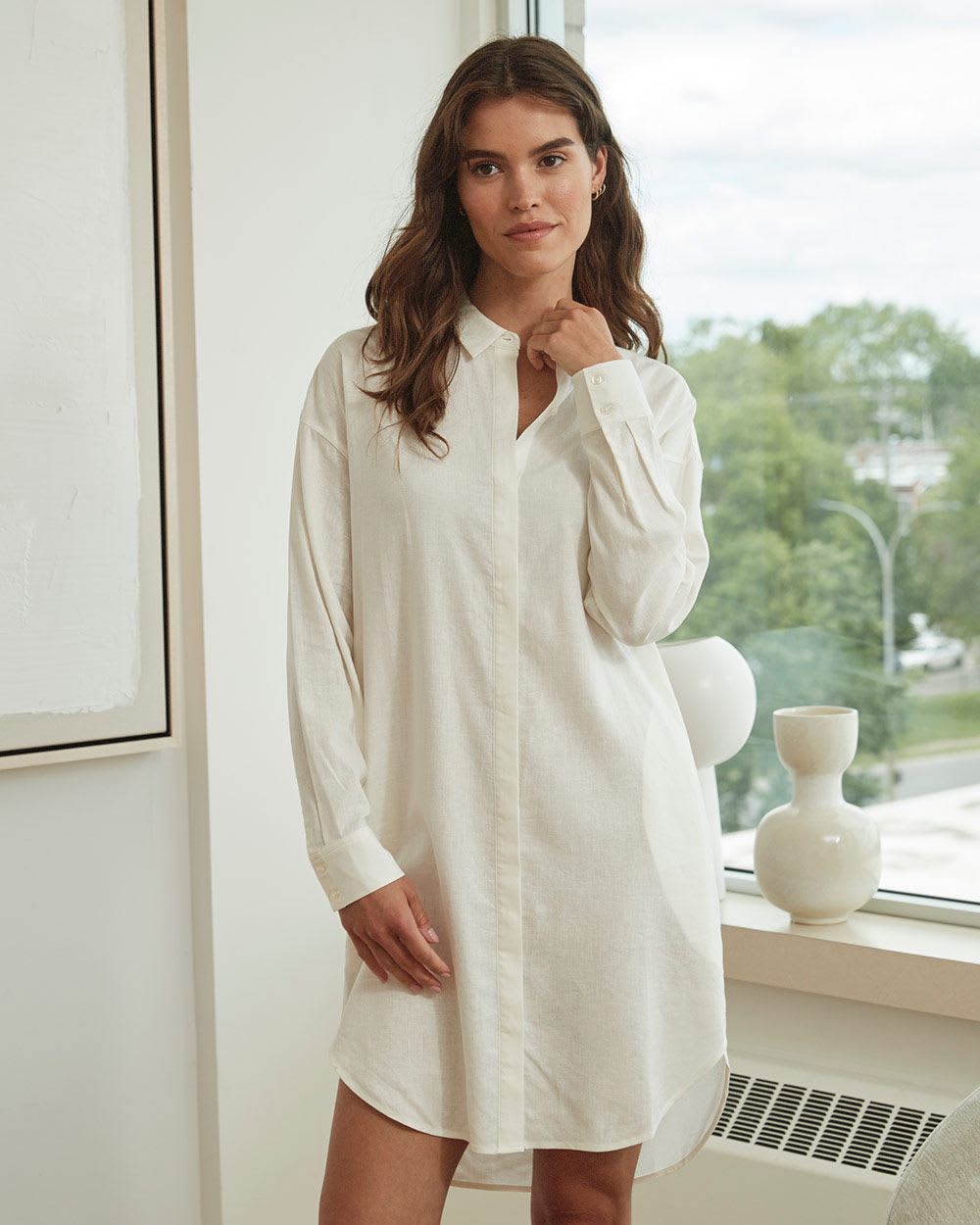 linen blend long-sleeve button-down shirt dress