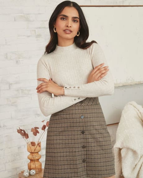 Wide Ribbed Mock-Neck Sweater with Buttoned Cuffs