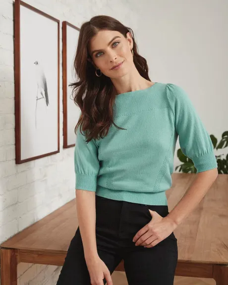 Puffy Sleeve Boat-Neck Pointelle Sweater