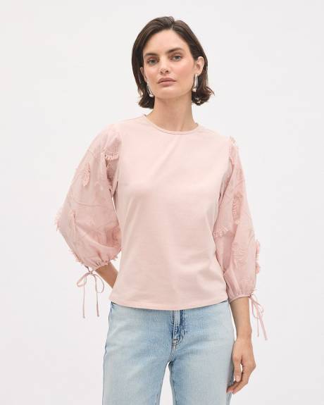 Long-Sleeve Crew-Neck Top with Embroidered Details