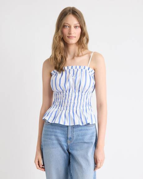Striped Sleeveless Square-Neck Smocked Poplin Blouse