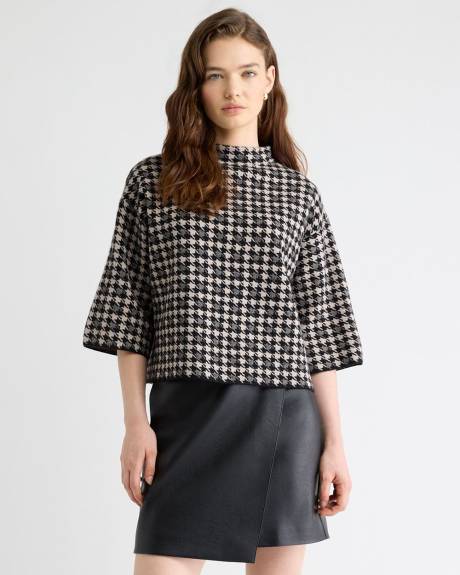 Houndstooth Mock-Neck Sweater with Bell Elbow Sleeves