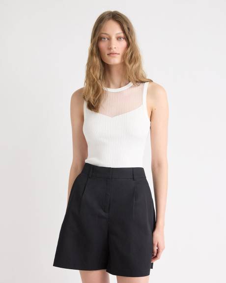 Crew-Neck Ribbed Cami with Sheer Yoke