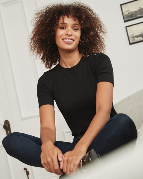 Fitted Ribbed T-Shirt with Buttons on Shoulder