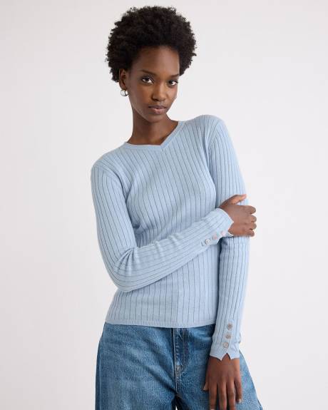 V-Neck Sweater with Buttons on Sleeves