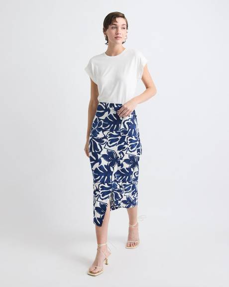 Linen-Blend Straight Midi Skirt with Wrap Front